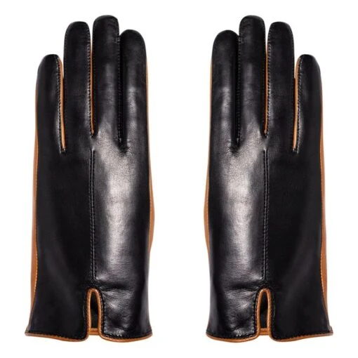 Hollow Lambskin Leather Silk-Lined Gloves | Black