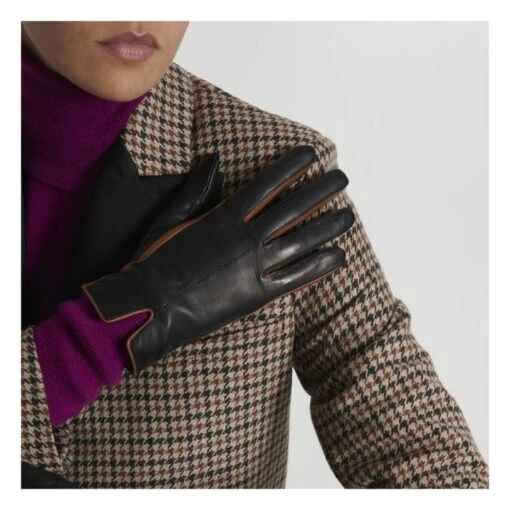 Hollow Lambskin Leather Silk-Lined Gloves | Black - Image 2