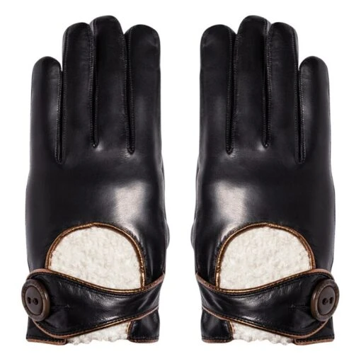 Hollow Lambskin Leather Cashmere-Lined Gloves | Black