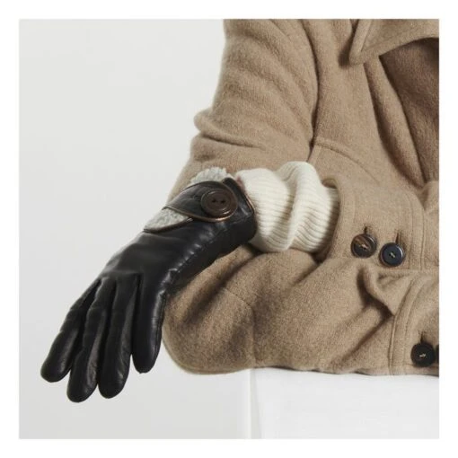 Hollow Lambskin Leather Cashmere-Lined Gloves | Black - Image 2