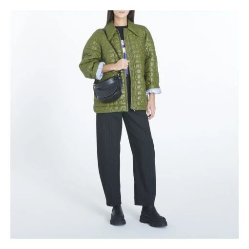 Ganni Shiny Recycled Material Quilted Jacket | Khaki - Image 2