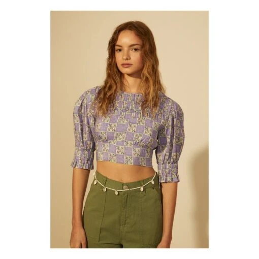 Cali Linen Floral Checked Top | Mauve - Image 2