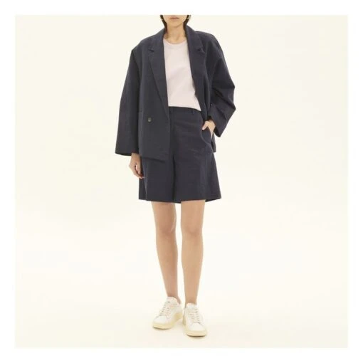 Cotton And Linen Jacket With 2 Buttons | Navy Blue - Image 2