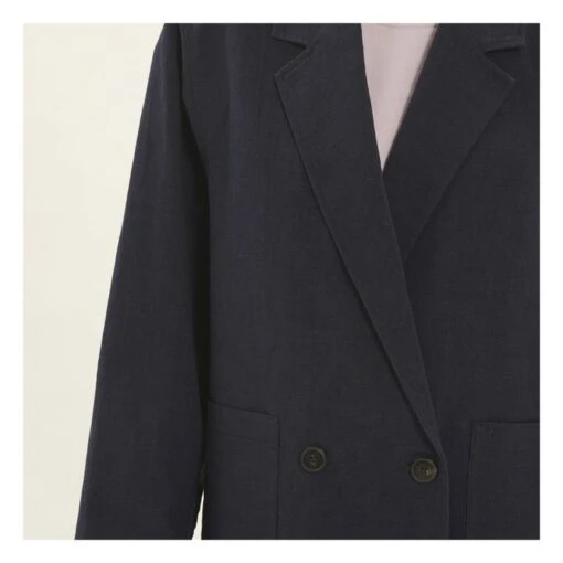 Cotton And Linen Jacket With 2 Buttons | Navy Blue - Image 4